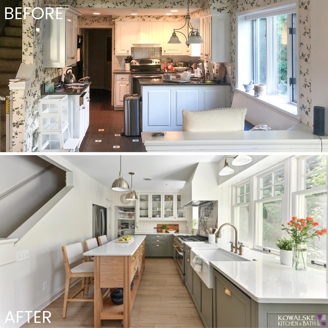 Kitchen remodel before and after — floral wallpaper to modern white cabinets